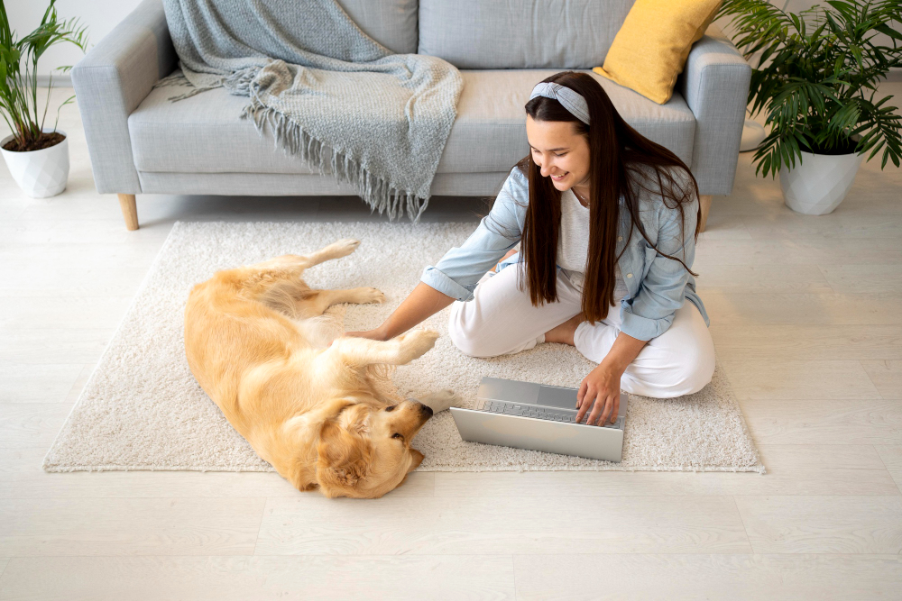 Girl with dog on clean carpet